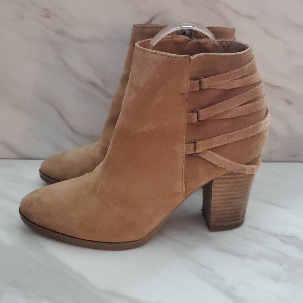 Franco Fortini Carly Tan Suede Braid Lace Back Wooden Block Heel Ankle Booties S - Picture 3 of 8